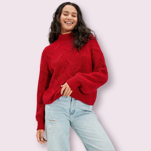 American Eagle Outfitters Red Cable Knit Mock Neck Sweater - Picture 1 of 5